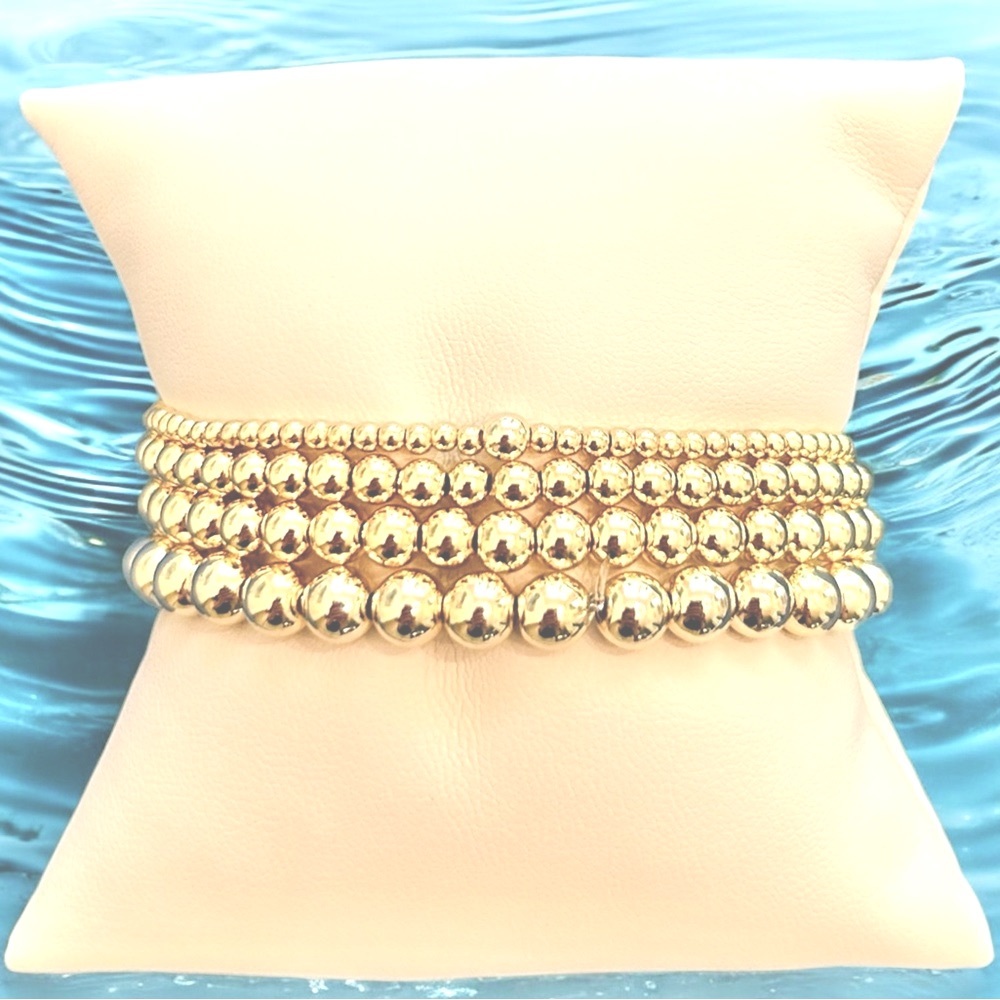 Set of 3 Bracelets gold bead ball stretch, 14kt filled waterproof 3,4,5 mm beads